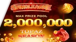 Изображение, рекламирующее турнир Spinoleague Topaz Season в 7K с призовым фондом в 2 миллиона евро на фоне огненной сцены.