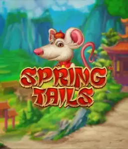 An enchanting illustration of a mouse dressed in traditional Chinese attire standing in a picturesque mountain backdrop. The image represents the Spring Tails game by Betsoft, highlighted with bold gold and red logo text.