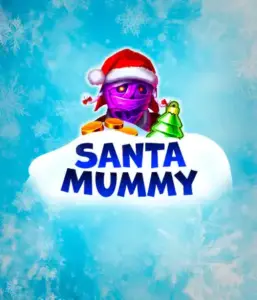  Behold the unique "Santa Mummy" slot game by Belatra, highlighting a Santa-clad mummy dressed in festive holiday attire. This colorful image presents the mummy with a bright purple hue, wearing a Santa hat, against a backdrop of snowy blue with icy snowflakes. The game's title, "Santa Mummy," is prominently displayed in large, icy blue letters.